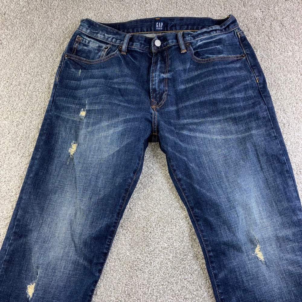 GAP 1969 Mens 32x32 Straight Leg Dark Wash Distressed Denim Jeans Casual Grunge